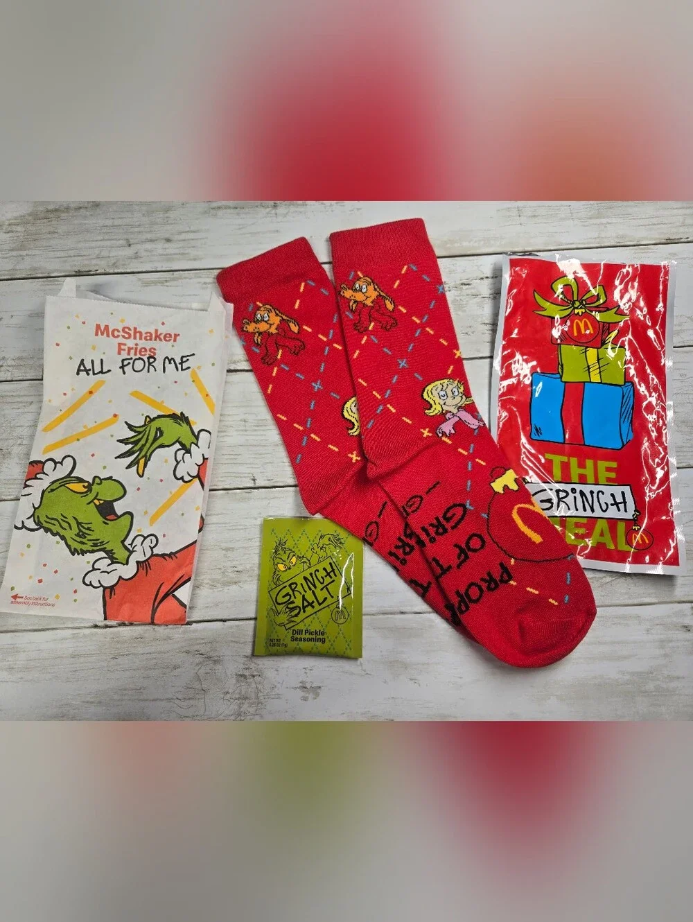 Grinch-Themed Red Crew Socks with Holiday Characters